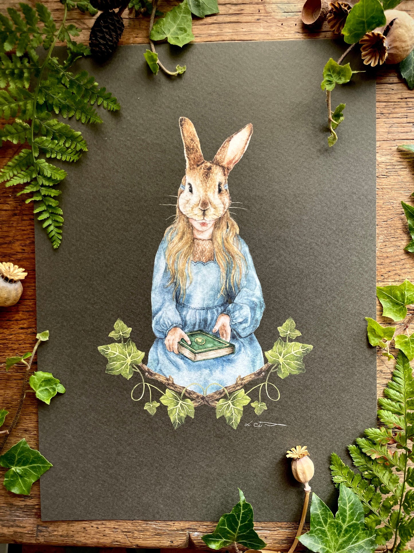 Girl in Rabbit Mask With Ivy A4 Watercolour Art Print | Curious Woodland Art