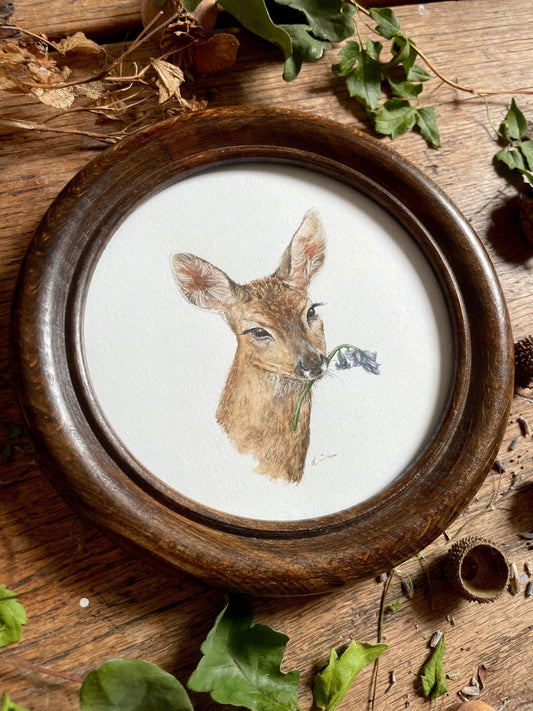Deer holding Bluebell *ORIGINAL* watercolour painting in round wooden frame