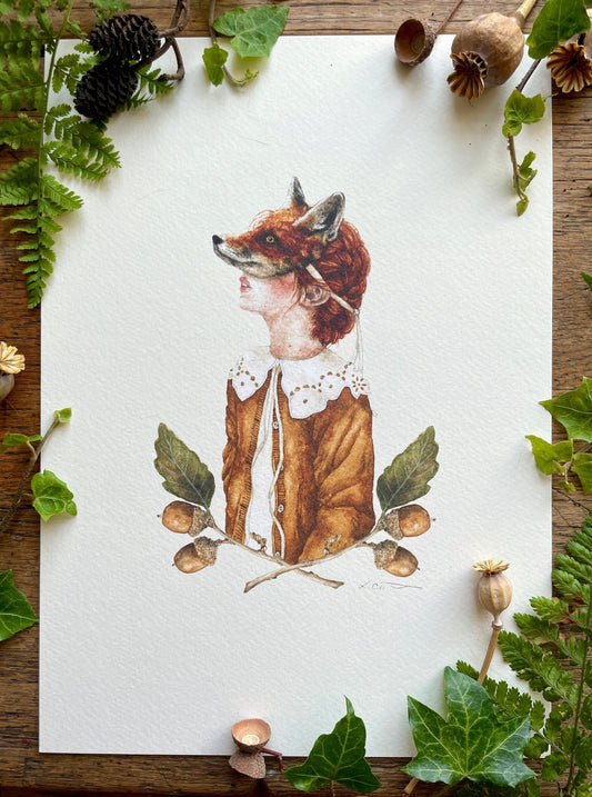 Girl in Fox Mask With Acorns A4 Watercolour Art Print | Curious Woodland Art