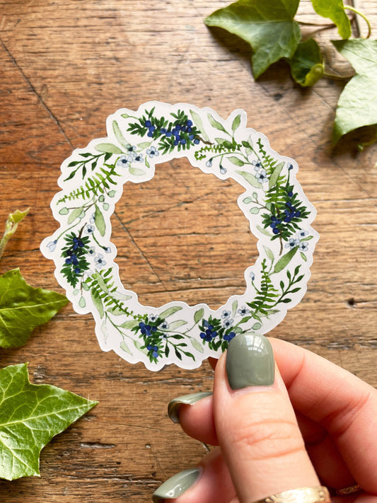 Watercolour Juniper Wreath Matt Vinyl Floral Sticker | Nature Illustration Art