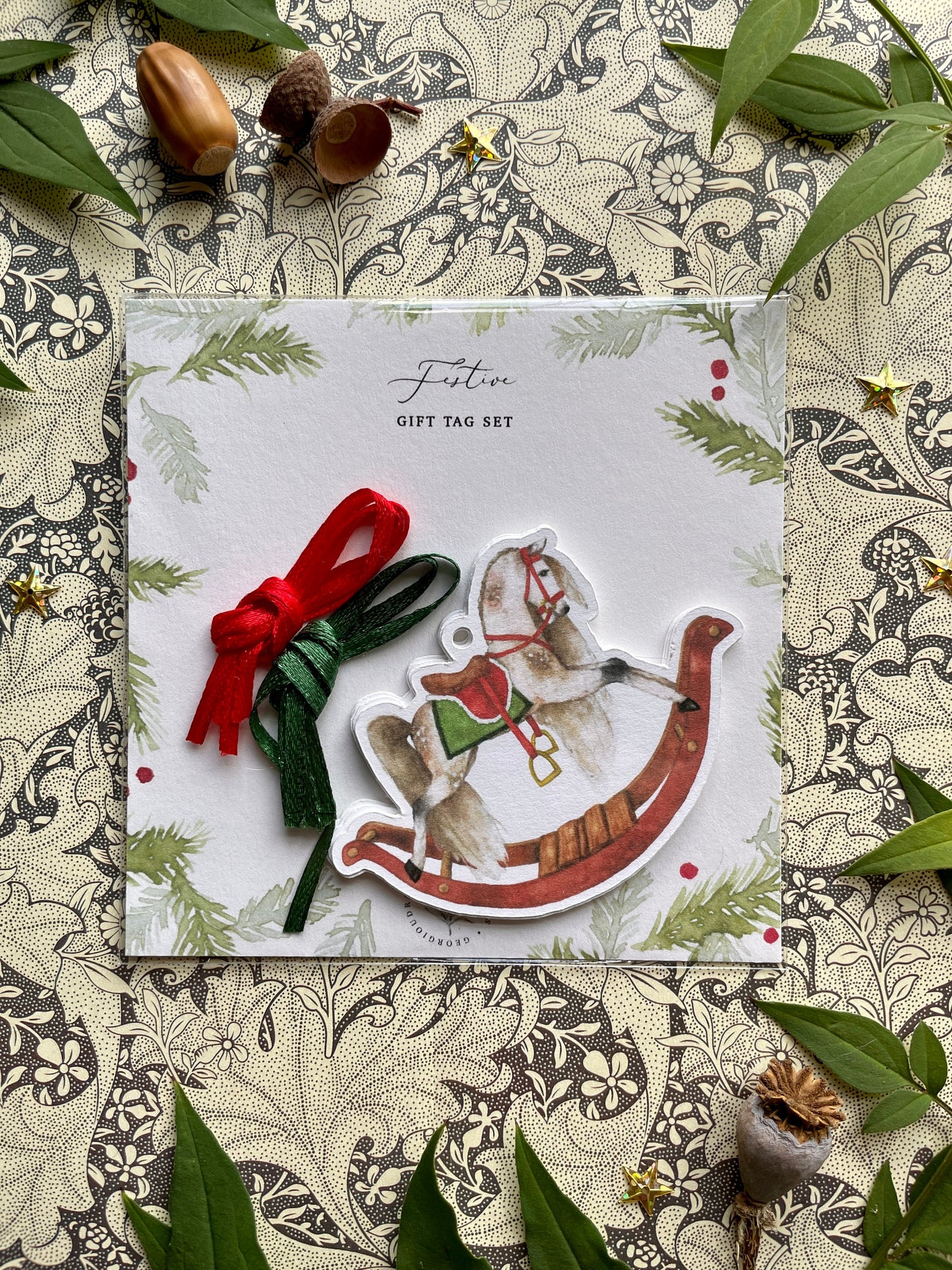 Festive Rocking Horse Watercolour Cut Out Christmas Tag set