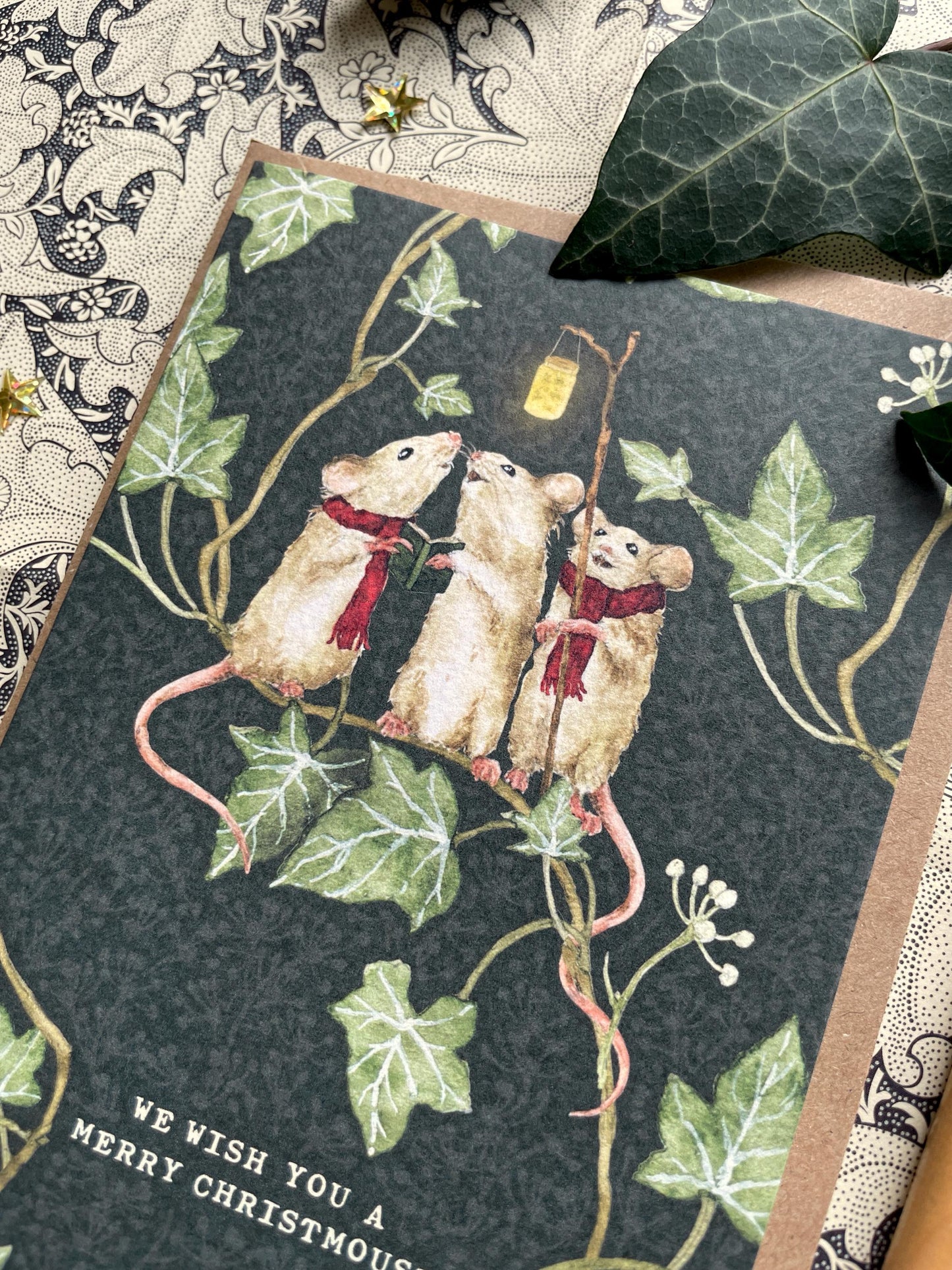 Festive Carols Mice Whimsical Watercolour Greetings Card