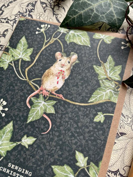 Festive Candycane Mouse Whimsical Watercolour Greetings Card