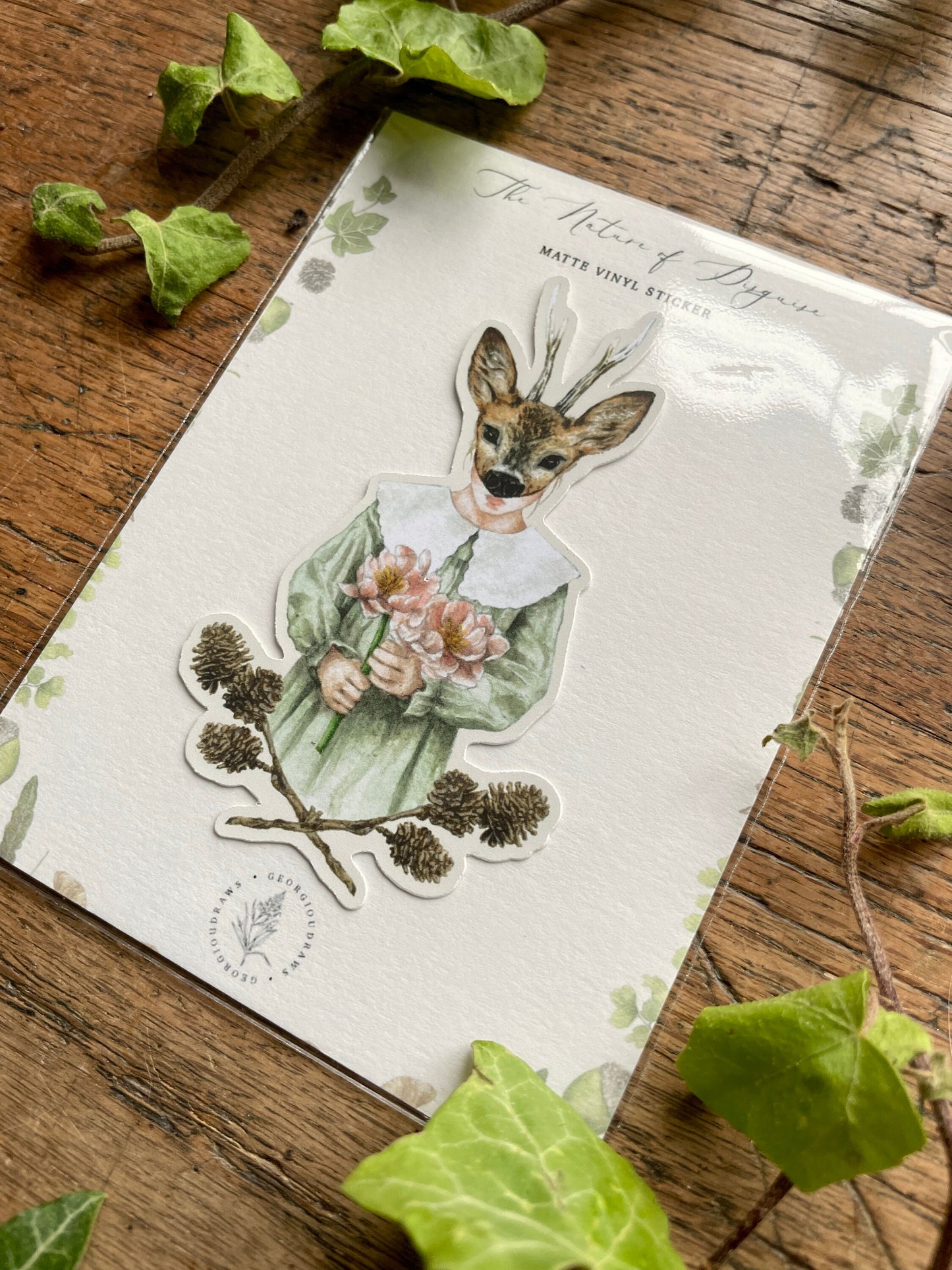 Girl in Deer Mask Matt Vinyl Sticker | Nature Woodland Illustration Art