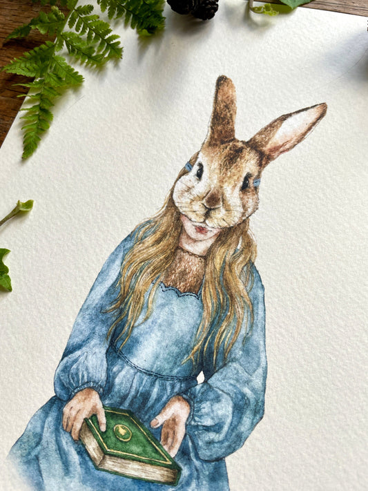Girl in Rabbit Mask A4 Watercolour Art Print | Curious Woodland Art