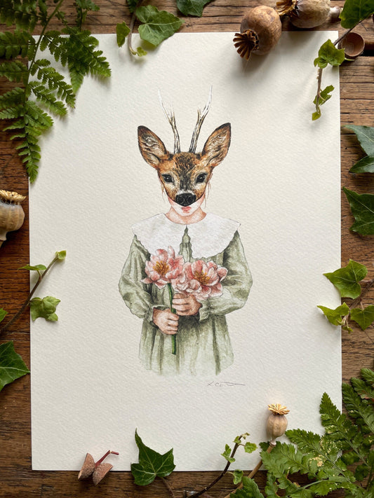 Girl in Deer Mask A4 Watercolour Art Print | Curious Woodland Art
