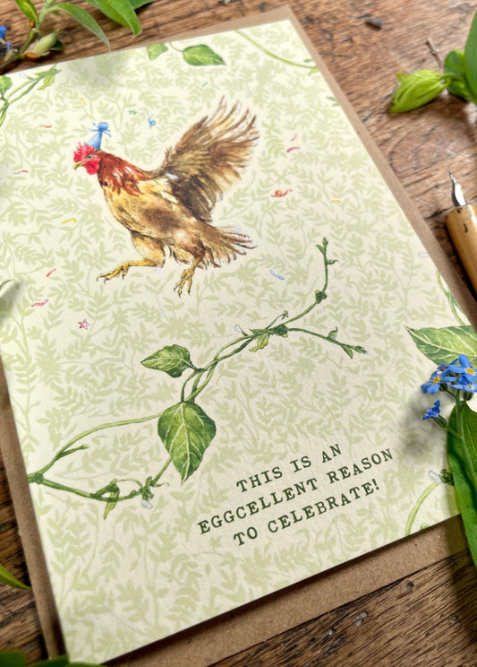 An Eggcellent reason to celebrate! Chicken Greetings Card | Whimsical Watercolour Art