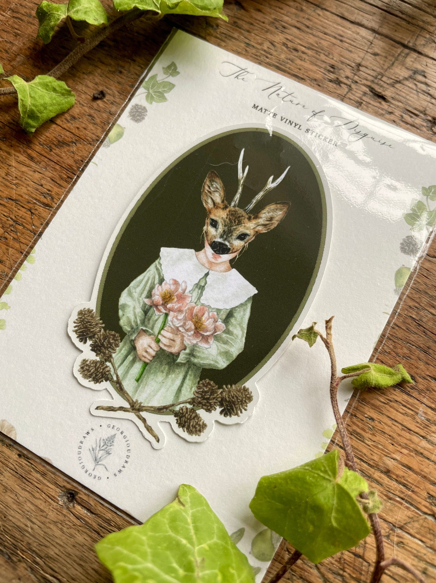 Girl in Deer Mask Oval Matt Vinyl Sticker | Nature Woodland Illustration Art