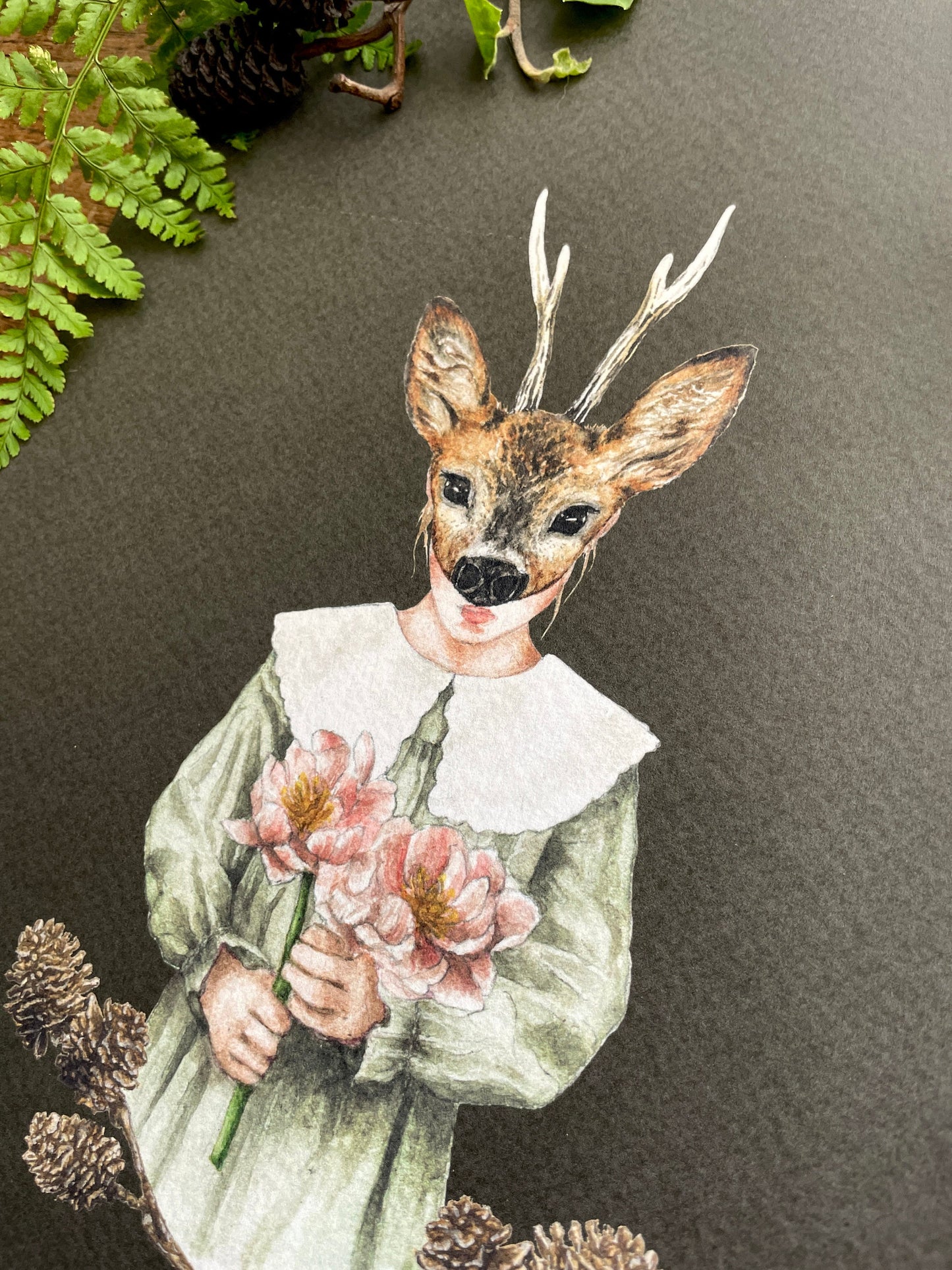 Girl in Deer Mask With Pine Cones A4 Watercolour Art Print | Curious Woodland Art