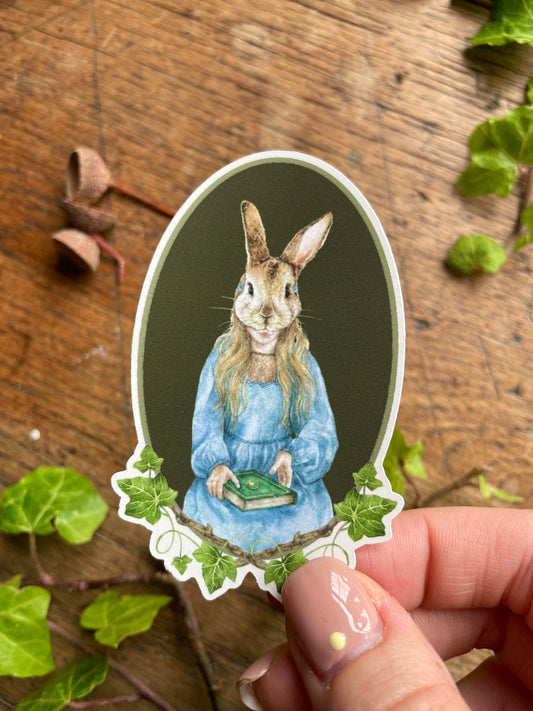Girl in Rabbit Mask Oval Matt Vinyl Sticker | Nature Woodland Illustration Art