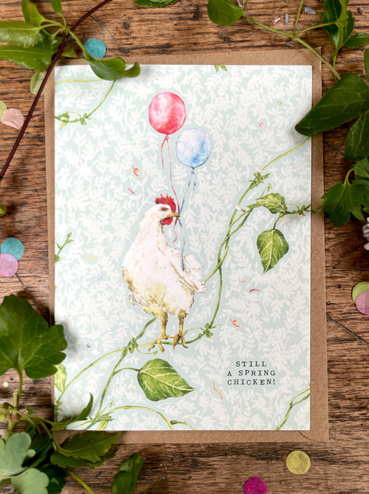 Still a Spring Chicken! Whimsical Chicken Greetings Card