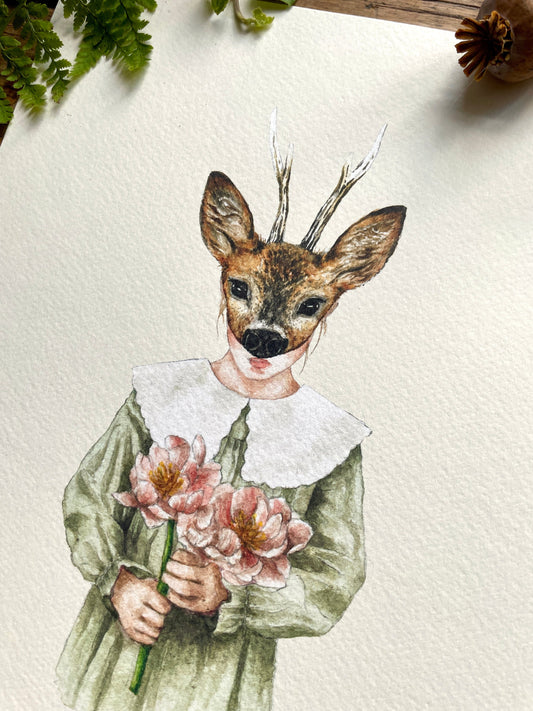 Girl in Deer Mask A4 Watercolour Art Print | Curious Woodland Art