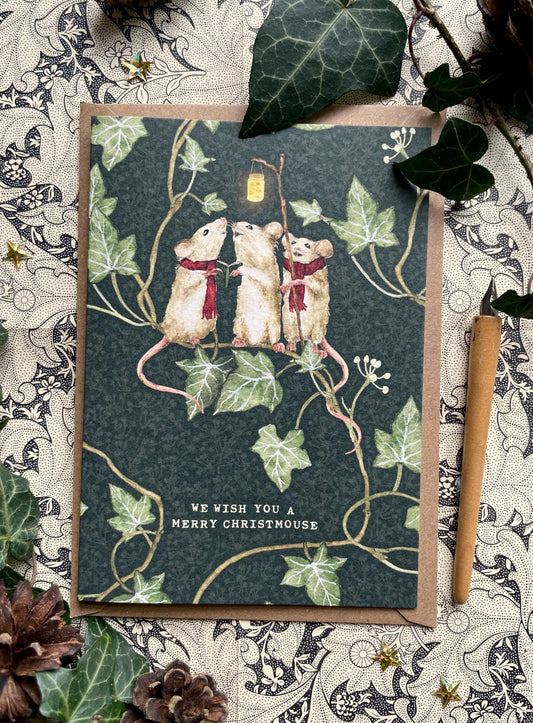 Festive Carols Mice Whimsical Watercolour Greetings Card
