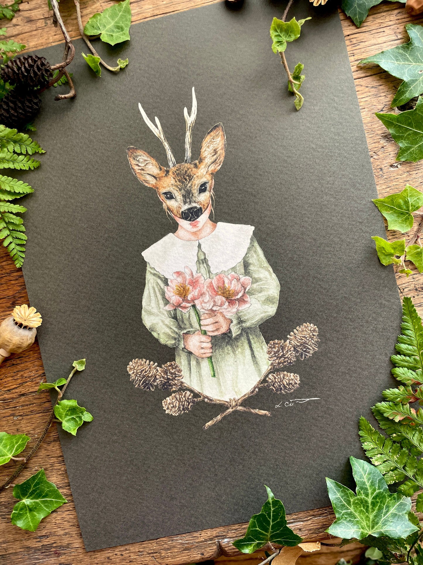 Girl in Deer Mask With Pine Cones A4 Watercolour Art Print | Curious Woodland Art