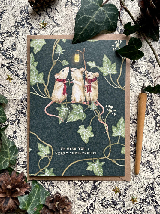 Festive Carols Mice Whimsical Watercolour Greetings Card