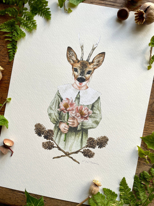 Girl in Deer Mask With Pine Cones A4 Watercolour Art Print | Curious Woodland Art