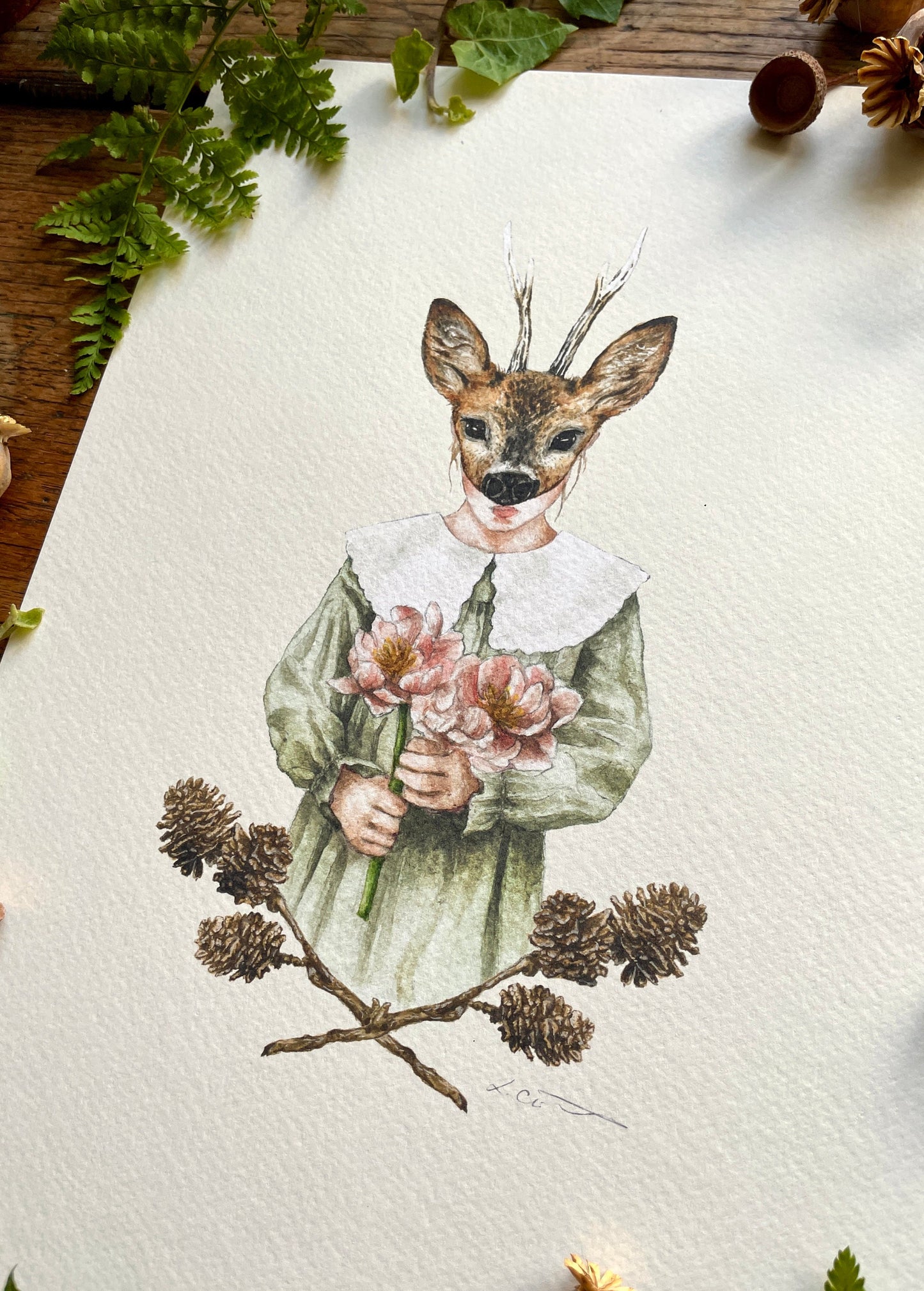 Girl in Deer Mask With Pine Cones A4 Watercolour Art Print | Curious Woodland Art