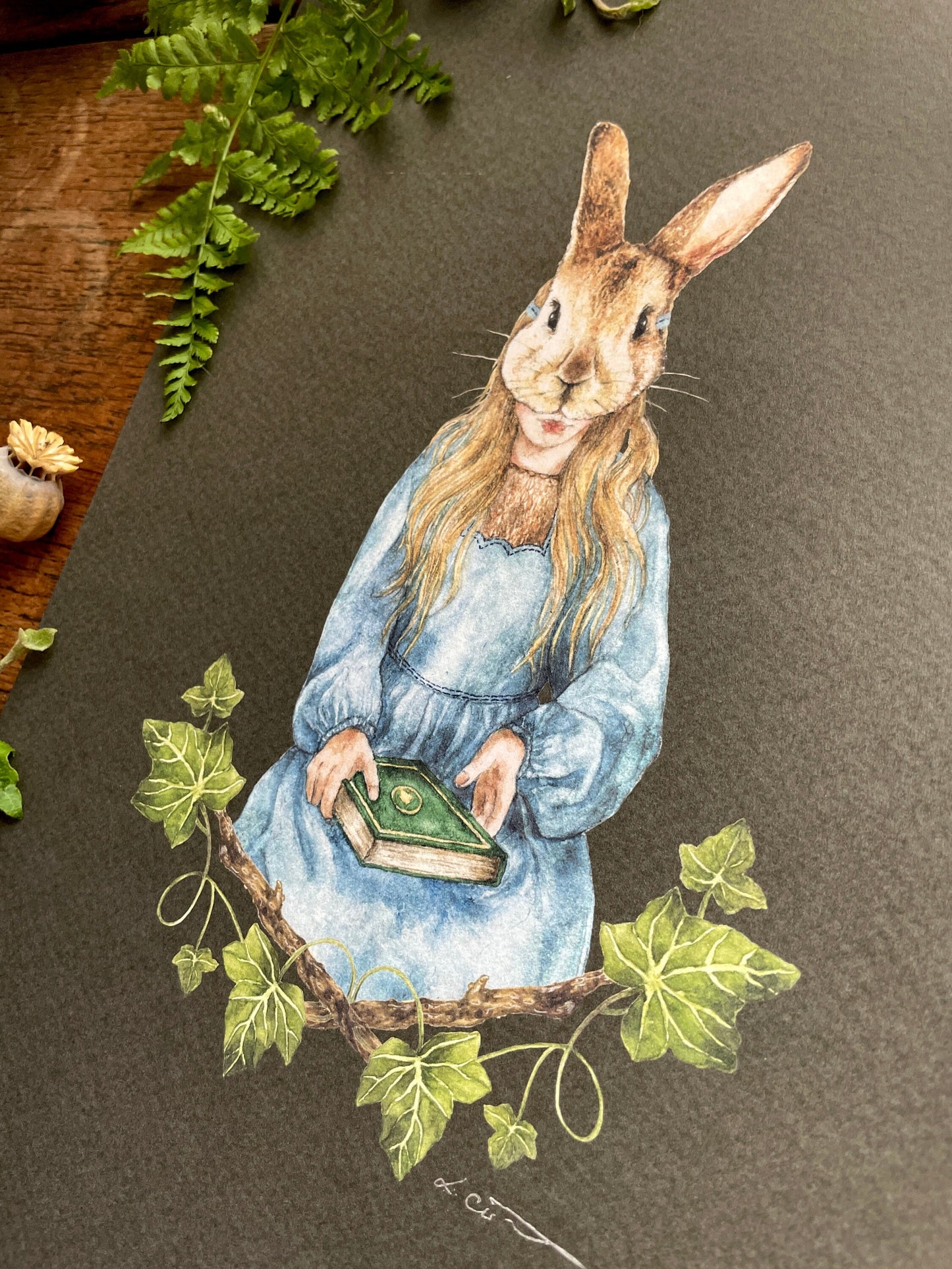 Girl in Rabbit Mask With Ivy A4 Watercolour Art Print | Curious Woodland Art