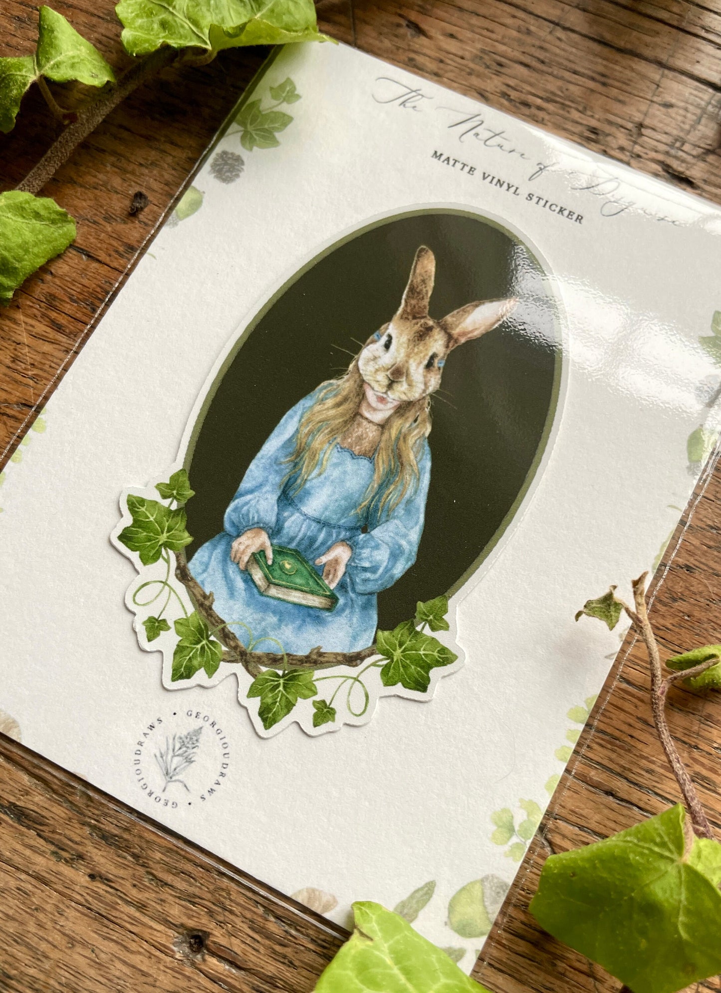 Girl in Rabbit Mask Oval Matt Vinyl Sticker | Nature Woodland Illustration Art