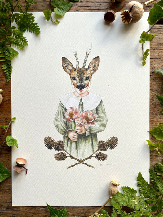 Girl in Deer Mask With Pine Cones A4 Watercolour Art Print | Curious Woodland Art