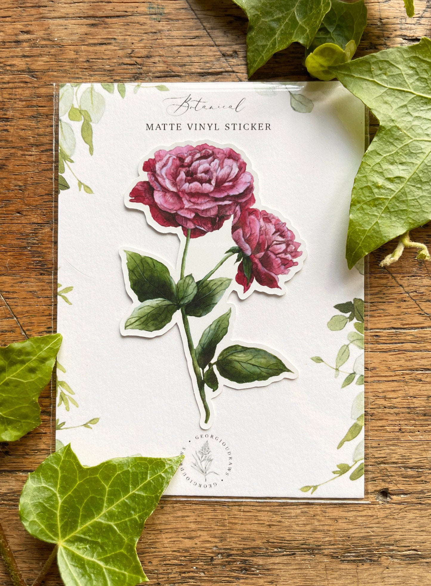 Dark Pink Peony Matt Vinyl Floral Sticker | Nature Illustration Art