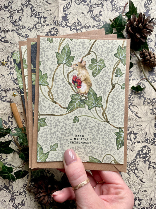 Festive Mouse with Gift Whimsical Watercolour Greetings Card