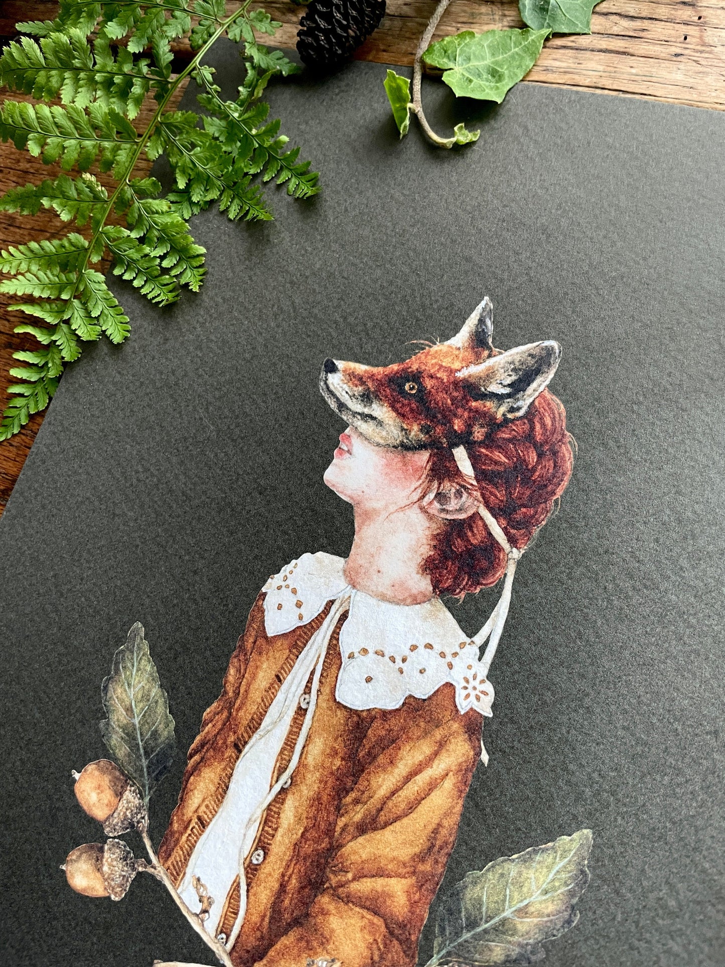 Girl in Fox Mask With Acorns A4 Watercolour Art Print | Curious Woodland Art