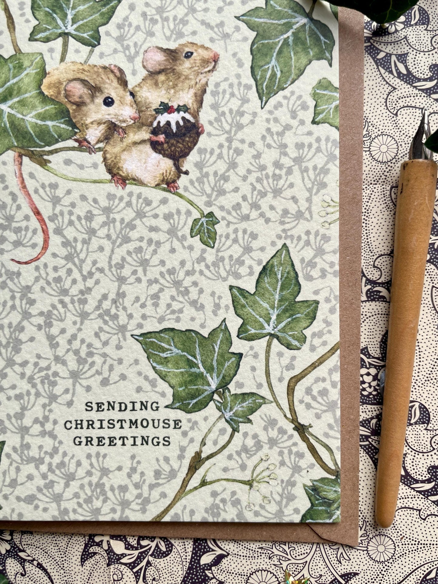 Festive Pudding Mice Whimsical Watercolour Greetings Card