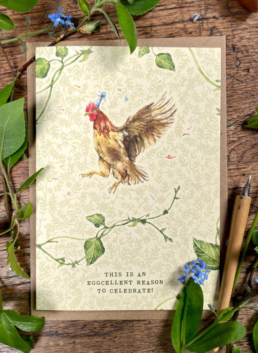 An Eggcellent reason to celebrate! Chicken Greetings Card | Whimsical Watercolour Art