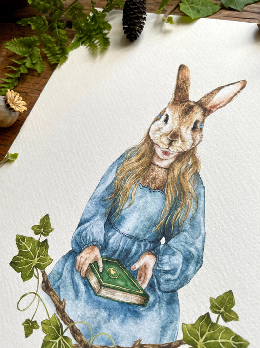 Girl in Rabbit Mask  With Ivy A4 Watercolour Art Print | Curious Woodland Art