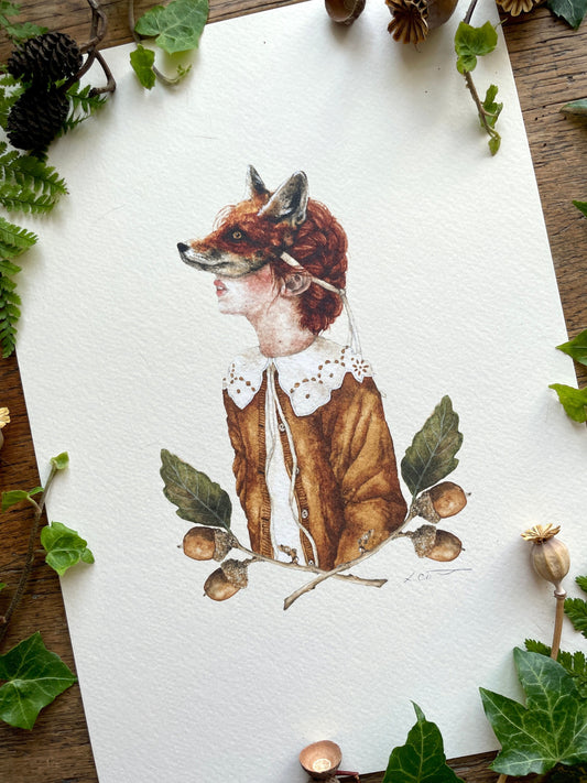 Girl in Fox Mask With Acorns A4 Watercolour Art Print | Curious Woodland Art