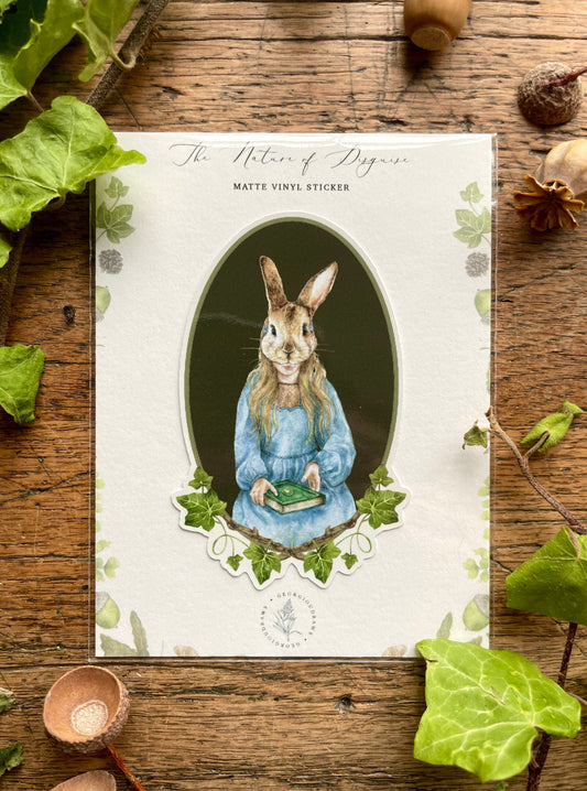 Girl in Rabbit Mask Oval Matt Vinyl Sticker | Nature Woodland Illustration Art
