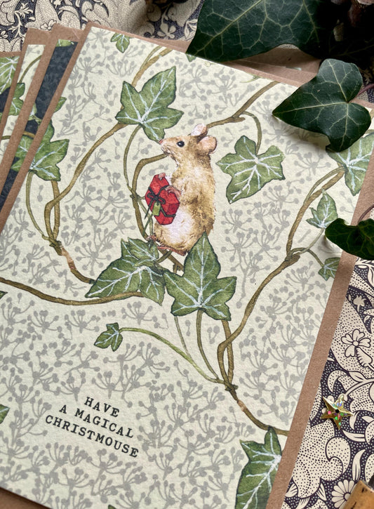 Festive Mouse with Gift Whimsical Watercolour Greetings Card