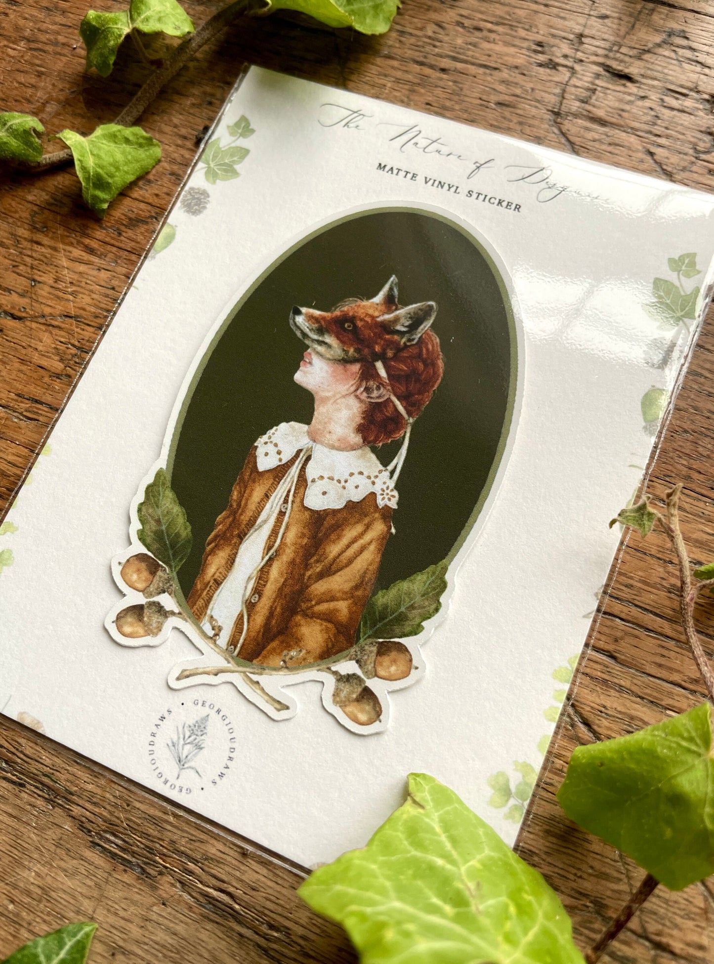Girl in Fox Mask Oval Matt Vinyl Sticker | Nature Woodland Illustration Art