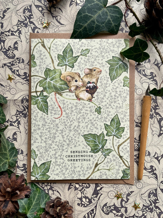 Festive Pudding Mice Whimsical Watercolour Greetings Card