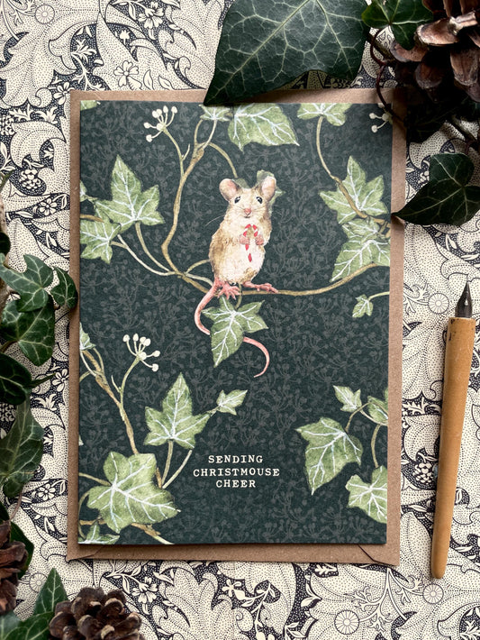 Festive Candycane Mouse Whimsical Watercolour Greetings Card