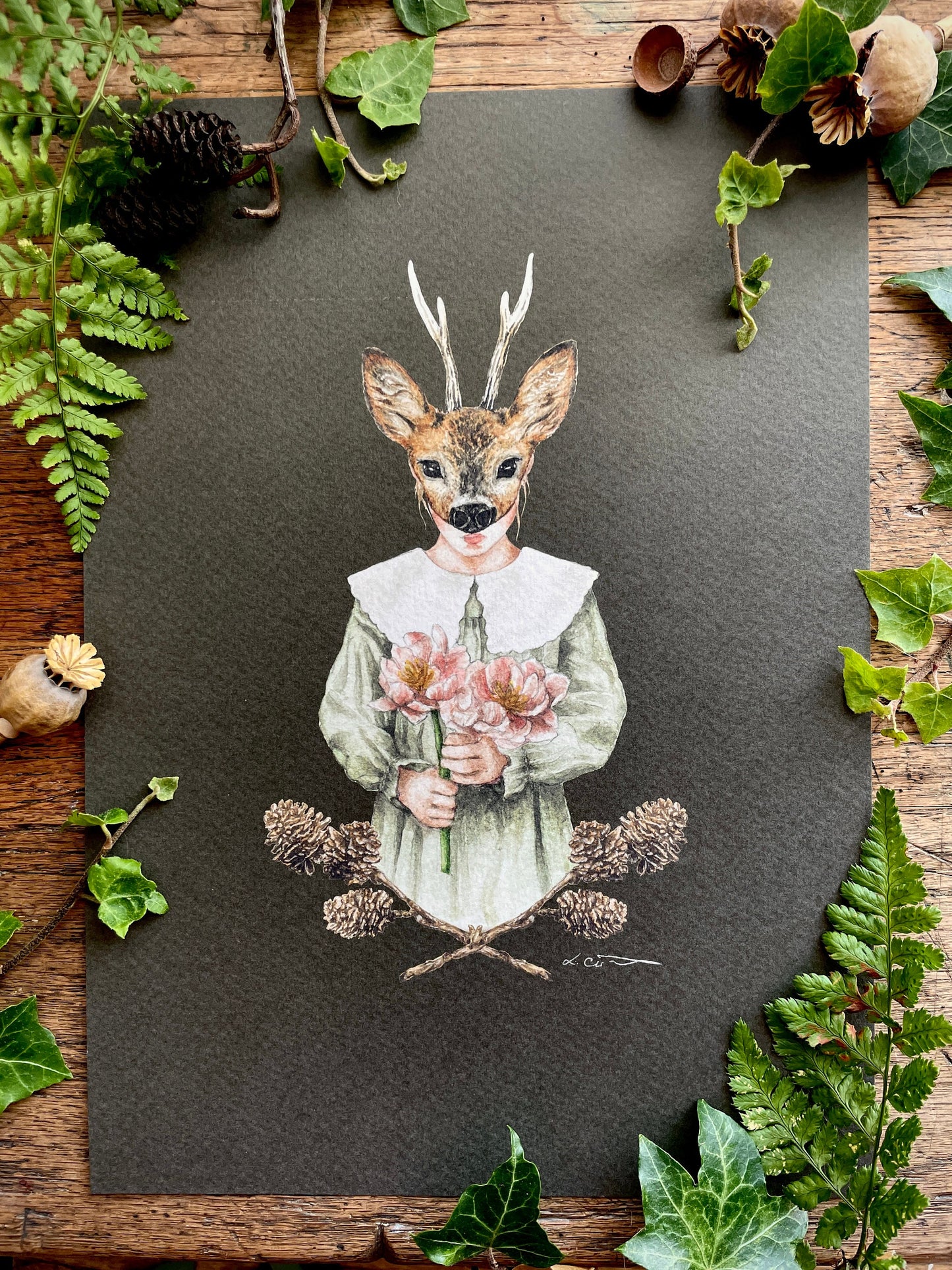 Girl in Deer Mask With Pine Cones A4 Watercolour Art Print | Curious Woodland Art
