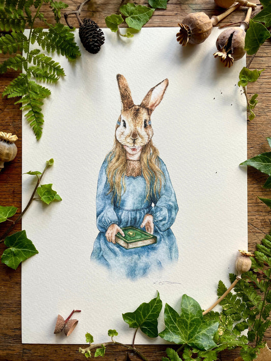 Girl in Rabbit Mask A4 Watercolour Art Print | Curious Woodland Art