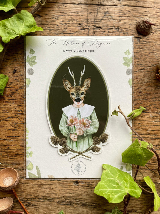 Girl in Deer Mask Oval Matt Vinyl Sticker | Nature Woodland Illustration Art