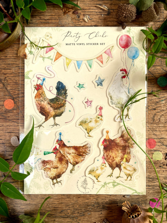 Party Chickens Whimsical Watercolour Gift Wrap Sticker Set