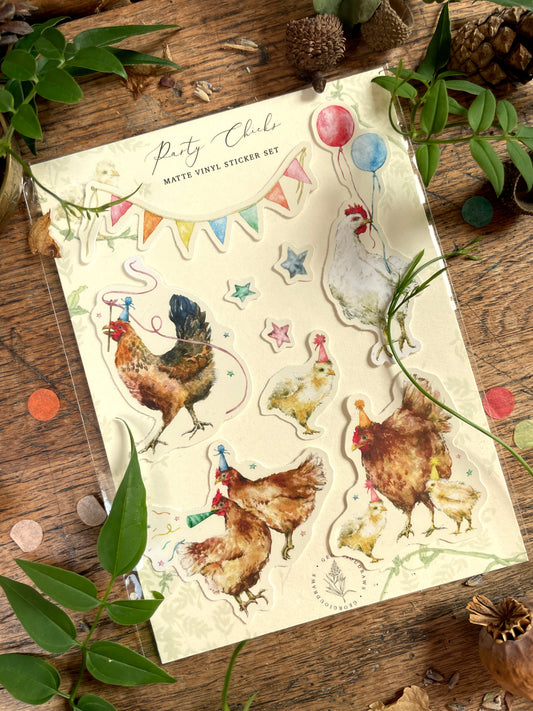 Party Chickens Whimsical Watercolour Gift Wrap Sticker Set