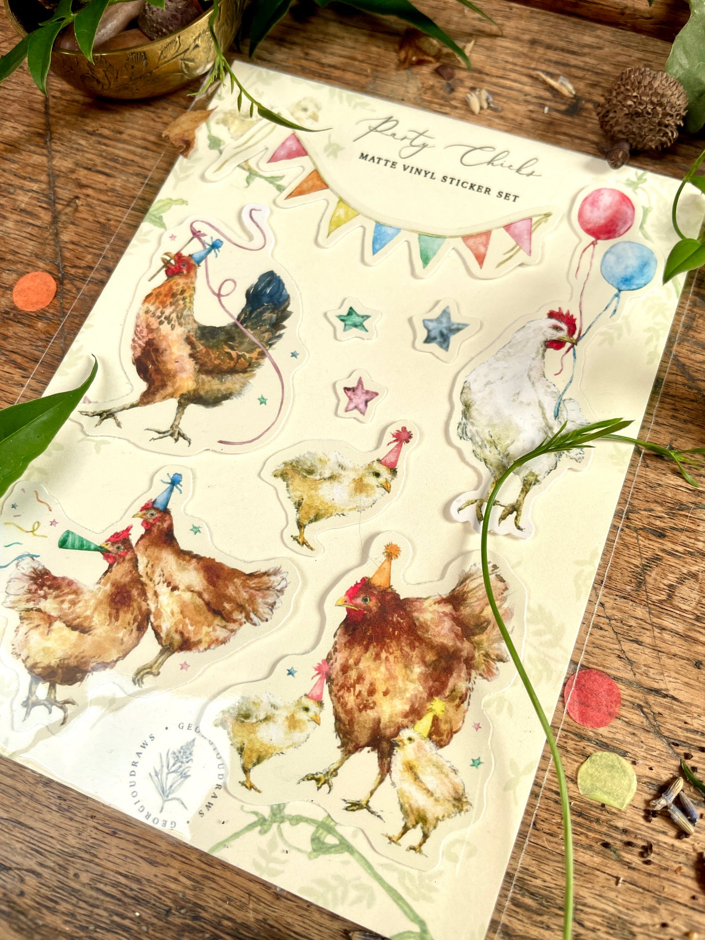 Party Chickens Whimsical Watercolour Gift Wrap Sticker Set