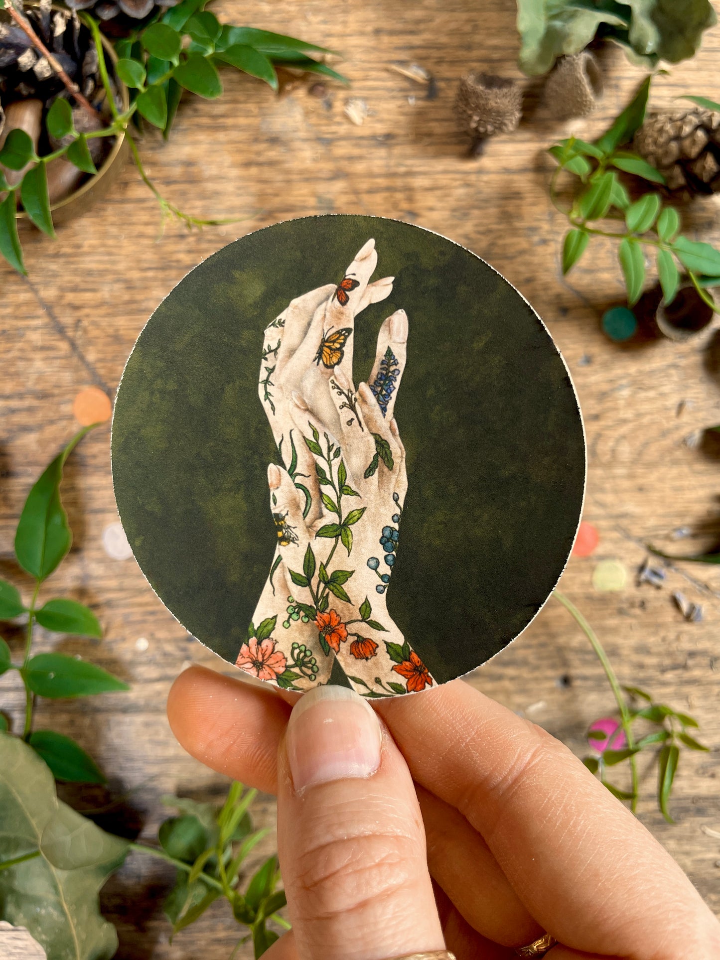 'The Botanist' botanical tattooed hands Matt Vinyl Sticker | Floral tattoo Art