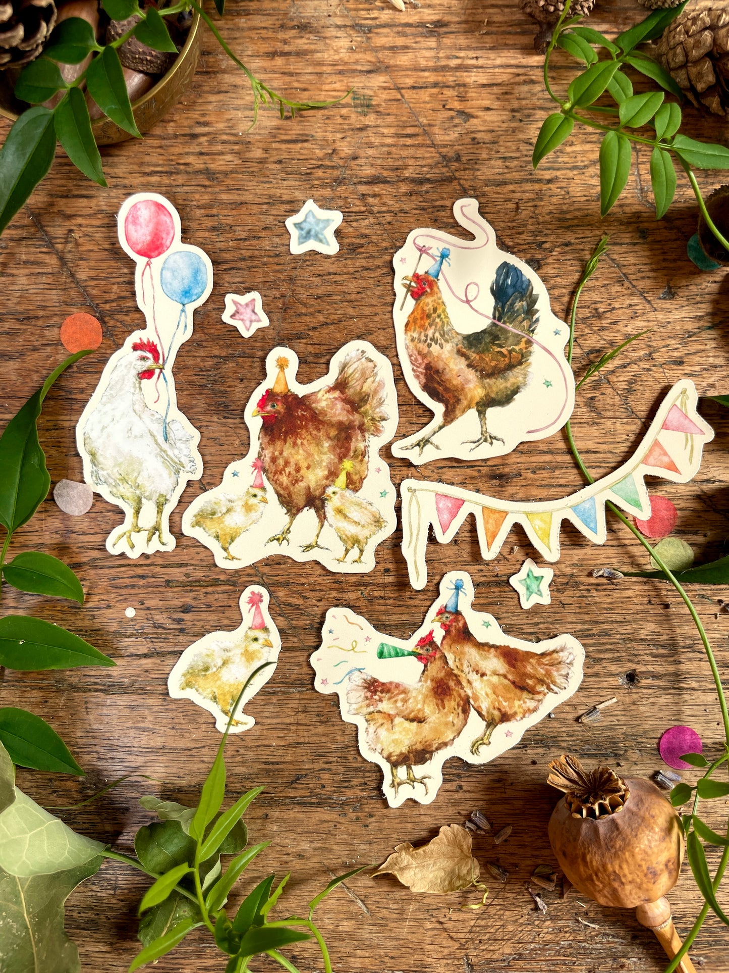 Party Chickens Whimsical Watercolour Gift Wrap Sticker Set