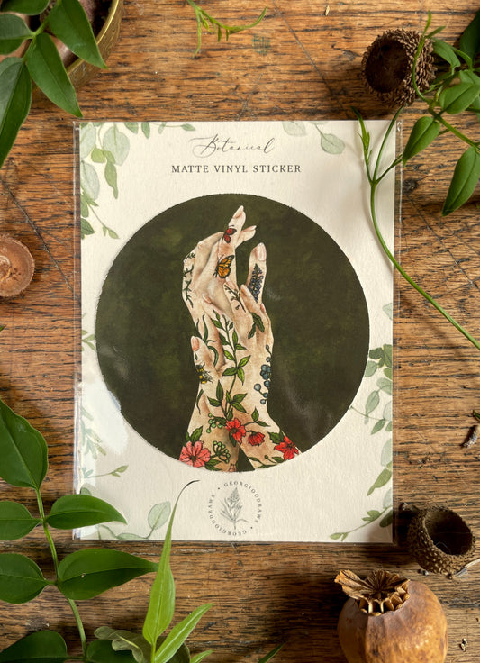 'The Botanist' botanical tattooed hands Matt Vinyl Sticker | Floral tattoo Art