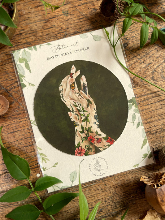 'The Botanist' botanical tattooed hands Matt Vinyl Sticker | Floral tattoo Art