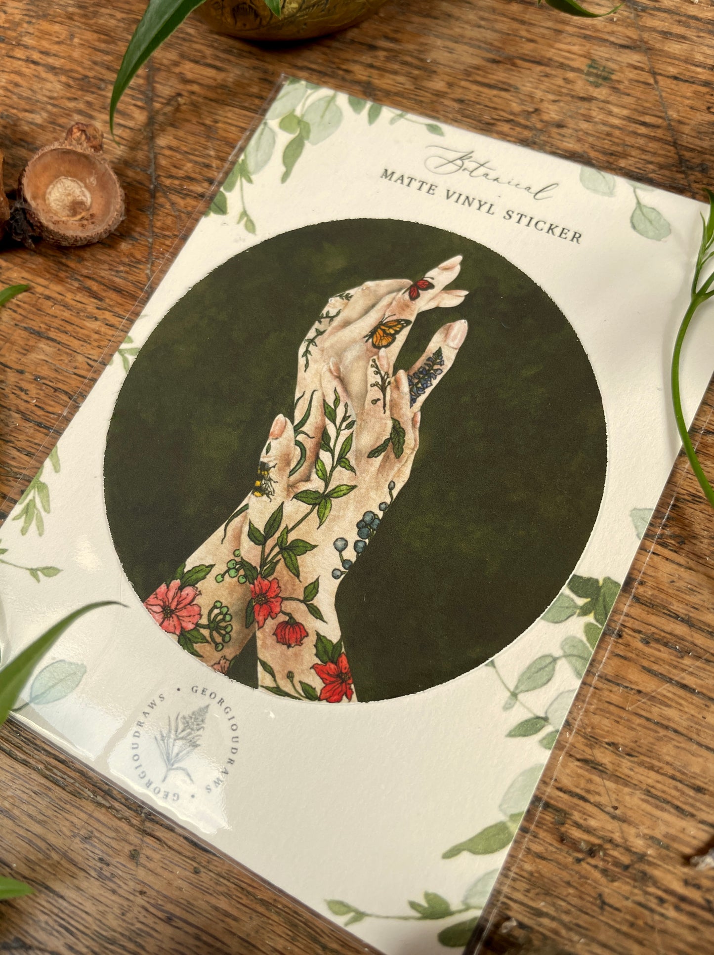 'The Botanist' botanical tattooed hands Matt Vinyl Sticker | Floral tattoo Art