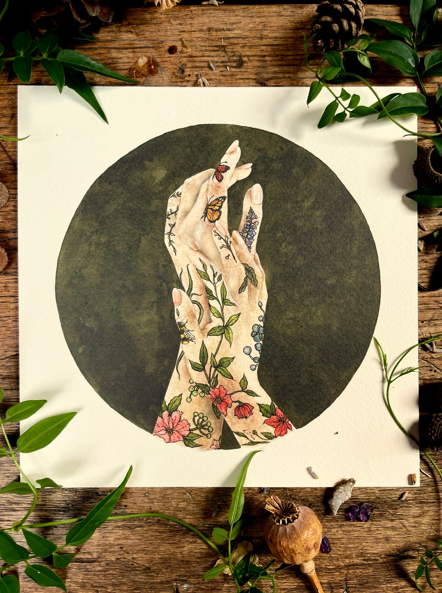 The Botanist botanical tattooed hands Art Print