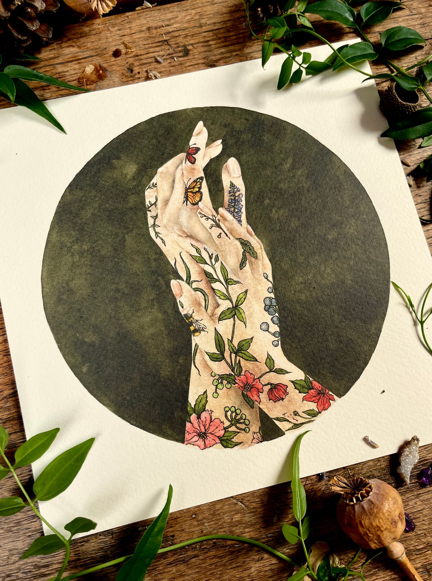 The Botanist botanical tattooed hands Art Print