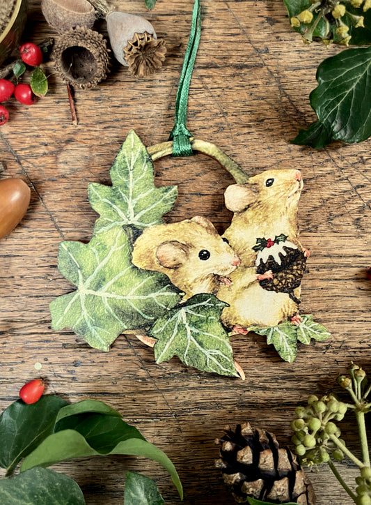 Christmas Mice Holding Christmas Pudding | Whimsical Wooden Tree Decoration